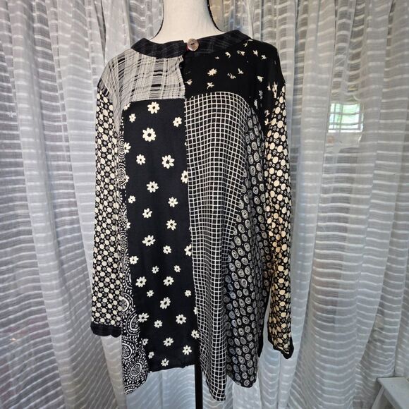 Vintage 90s Carol Little Black White Patchwork Long Sleeve Rayon Shirt Size 12 - Picture 1 of 11
